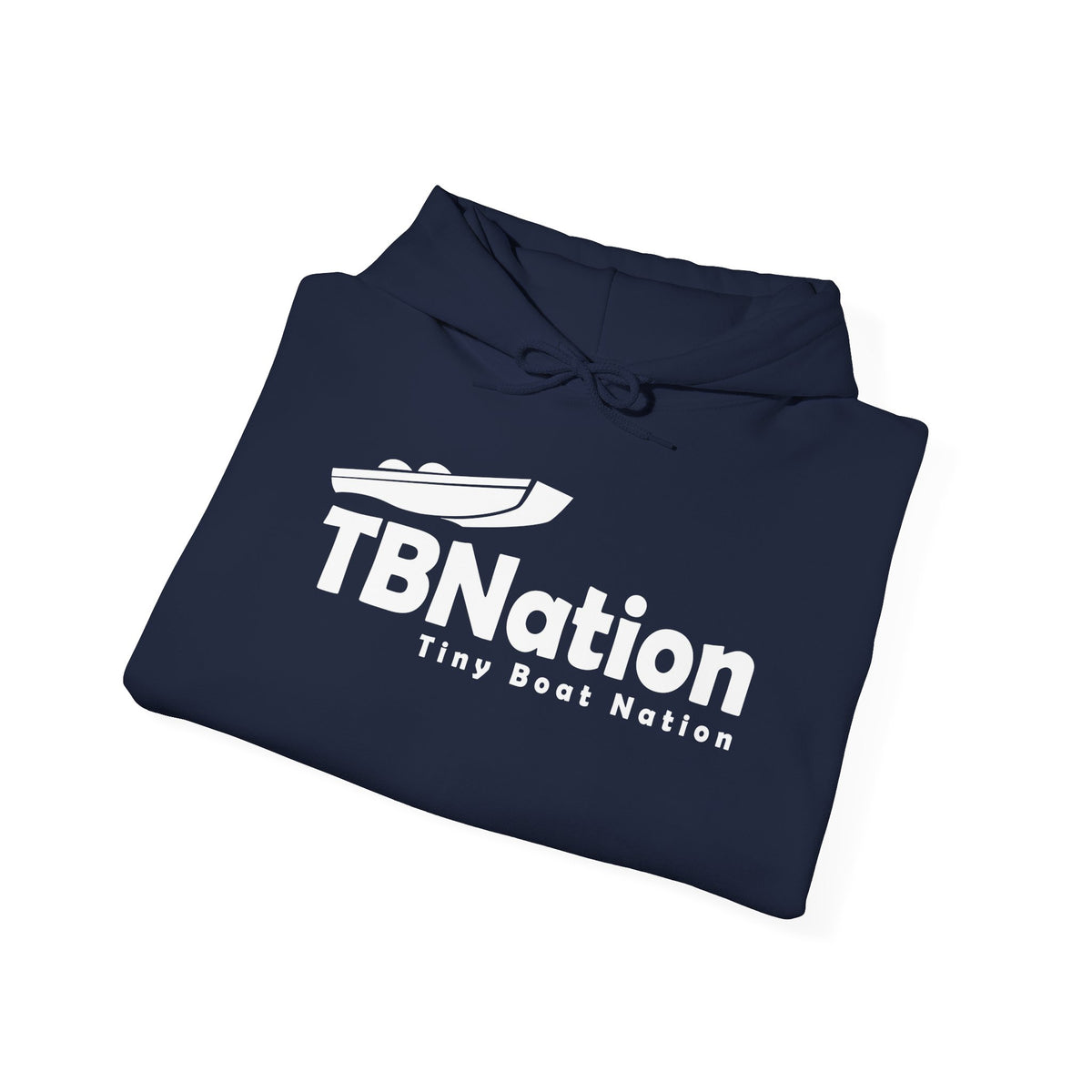 Navy blue hoodie with 'TBNation Tiny Boat Nation' logo on a white background