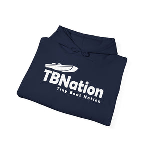 Navy blue hoodie with 'TBNation Tiny Boat Nation' logo on a white background