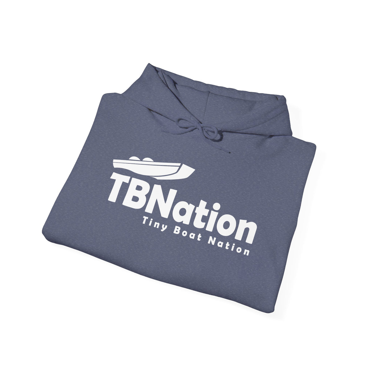 Folded gray hoodie with 'TBNation Tiny Boat Nation' text on a white background