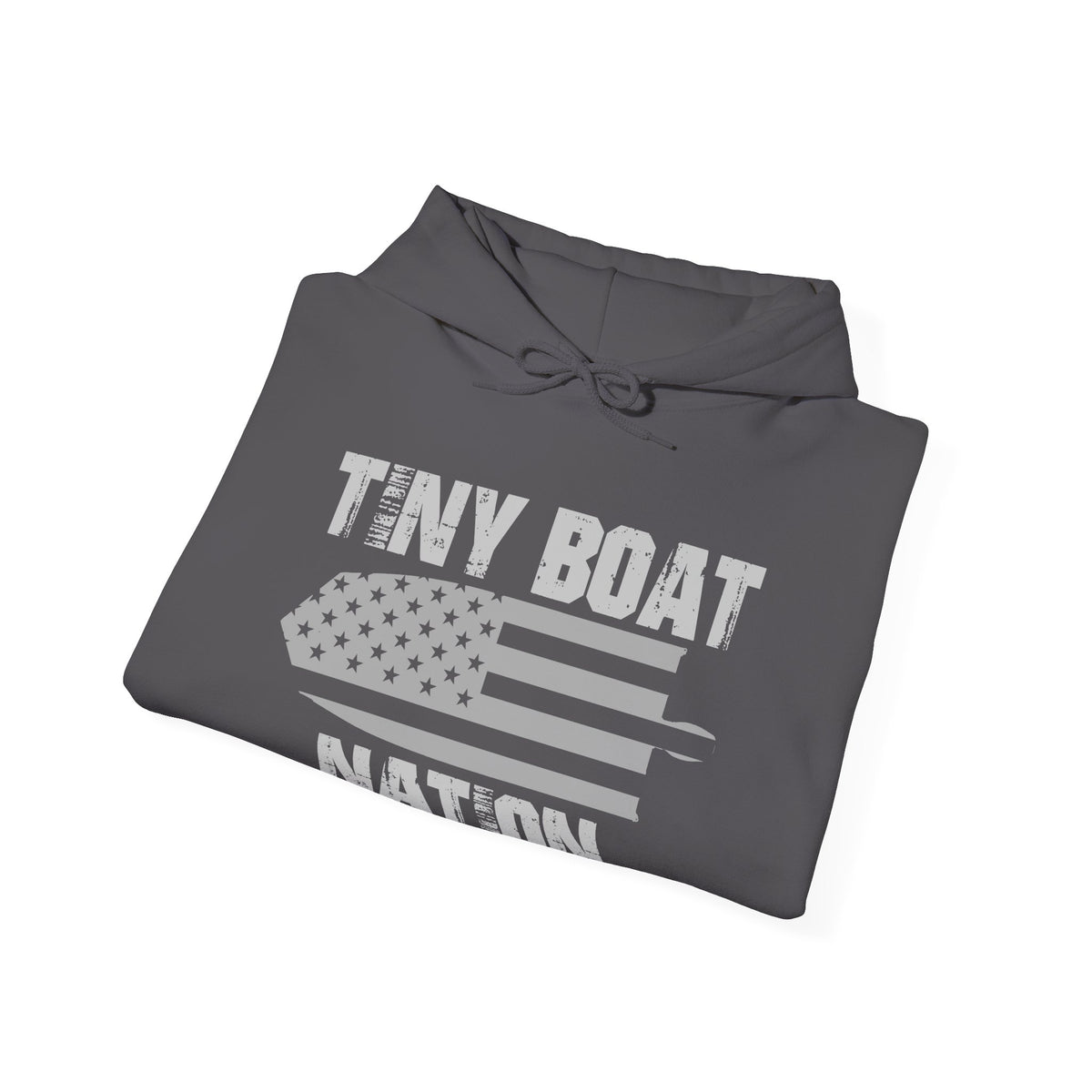 Folded gray hoodie with 'Tiny Boat Nation' text and American flag design on a white background