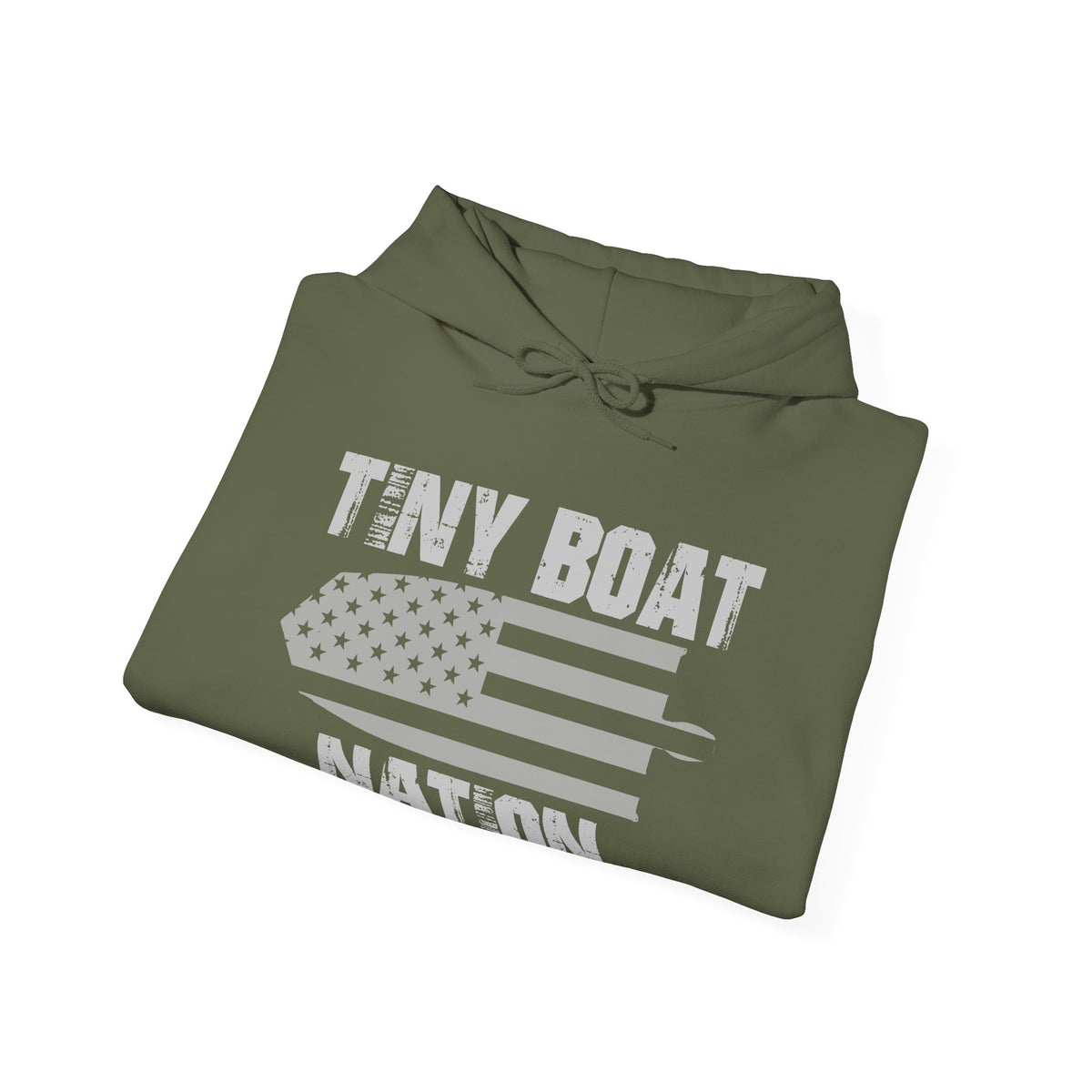 Folded green hoodie with 'Tiny Boat Nation' text and American flag design on a white background