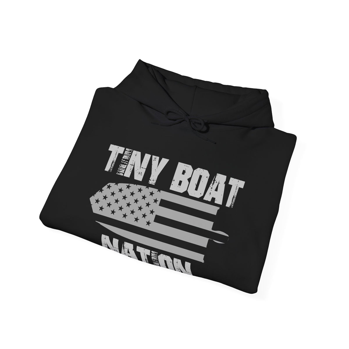 Black hoodie with 'Tiny Boat Nation' text and American flag design on a white background