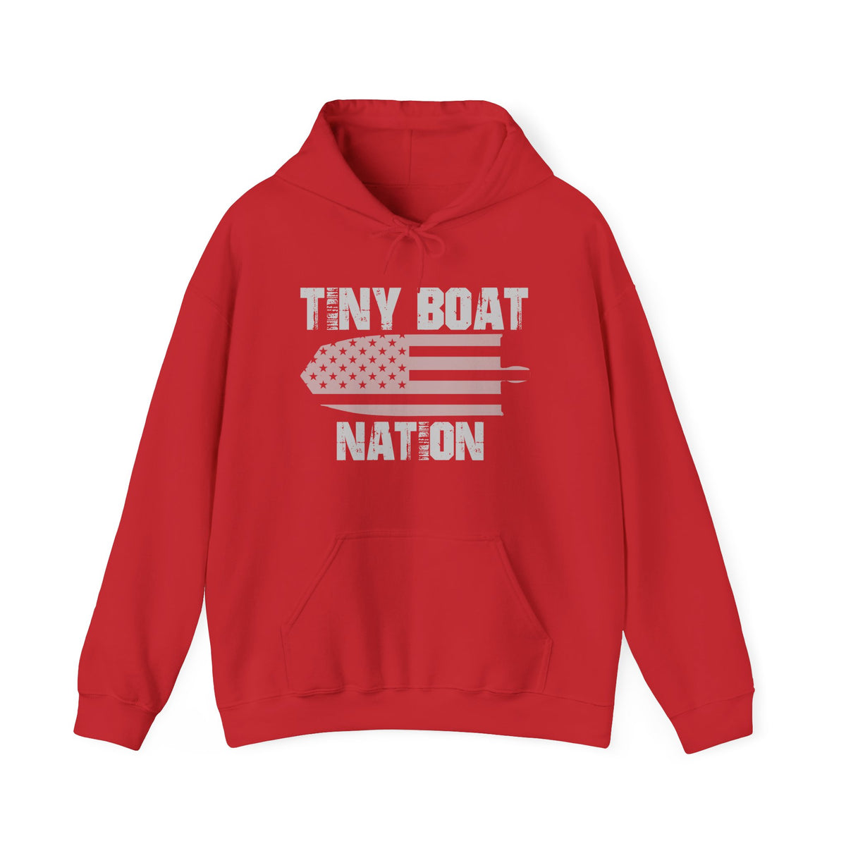 Red hoodie with 'Tiny Boat Nation' text and graphic on a white background