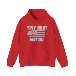 Red hoodie with 'Tiny Boat Nation' text and graphic on a white background