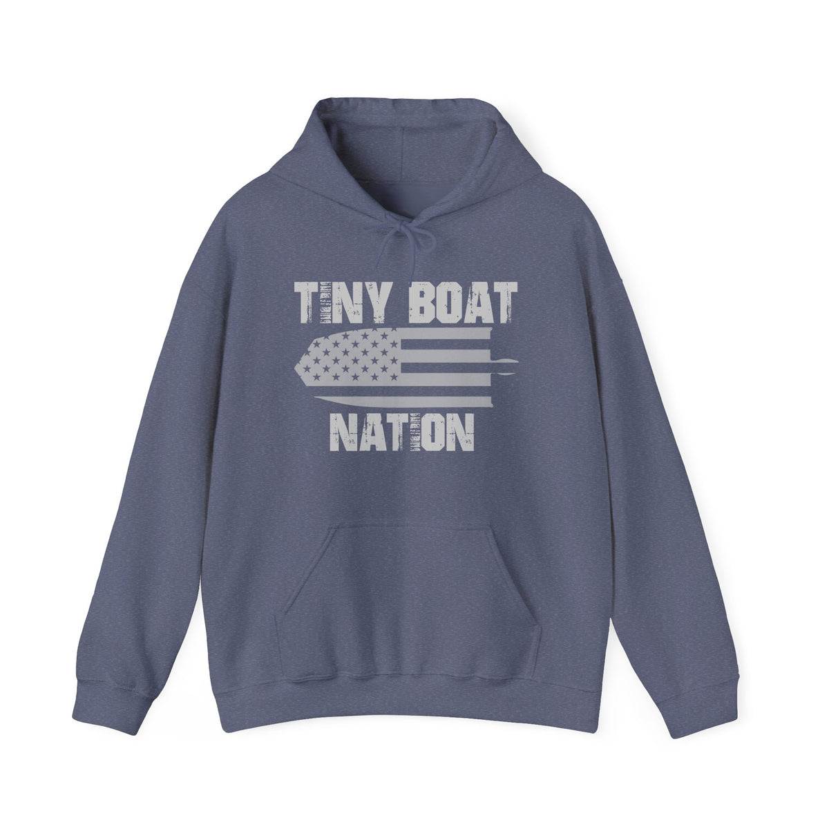 Blue hoodie with 'Tiny Boat Nation' text and graphic on a white background