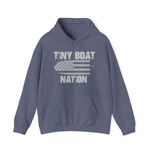Blue hoodie with 'Tiny Boat Nation' text and graphic on a white background