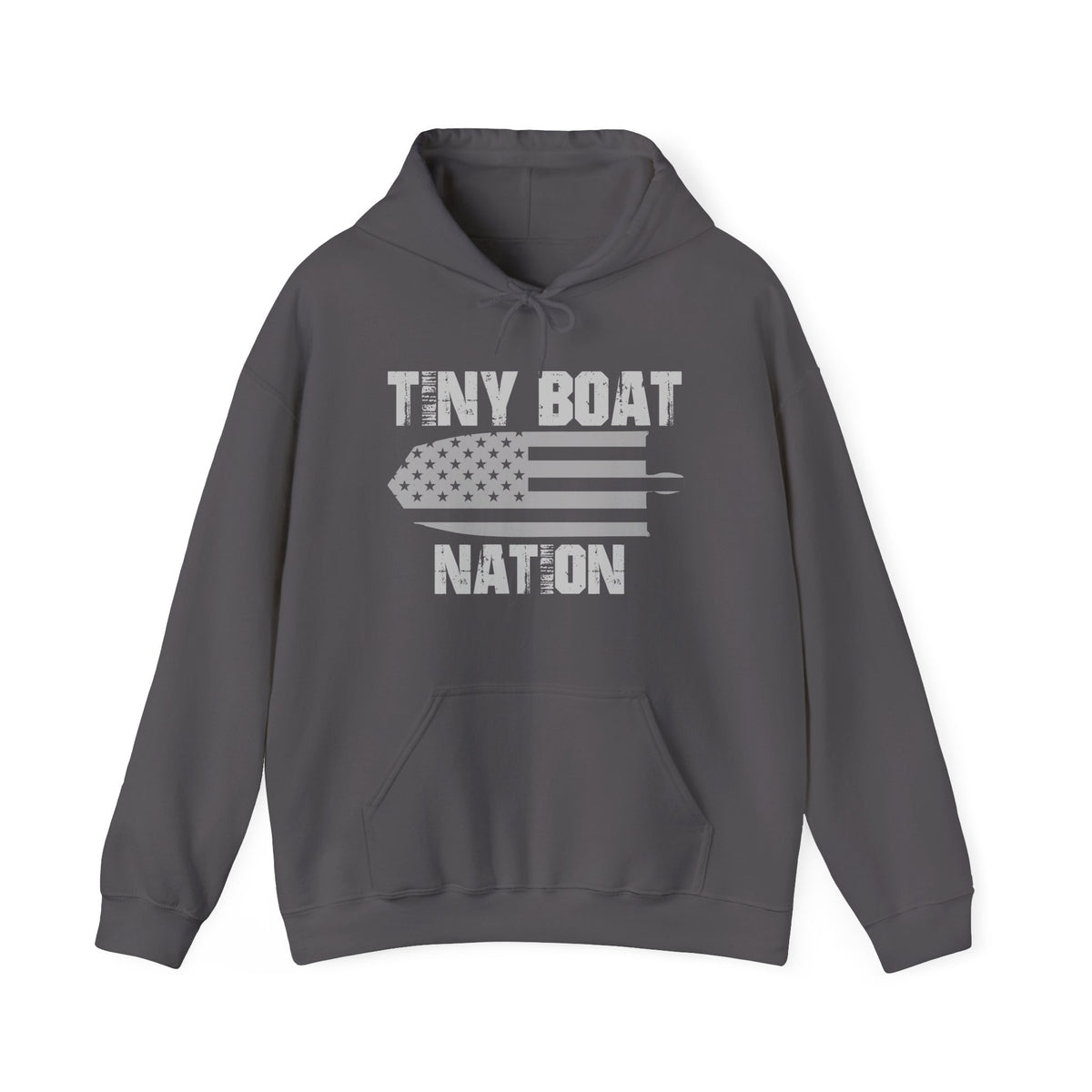 Gray hoodie with 'Tiny Boat Nation' text and graphic on a white background