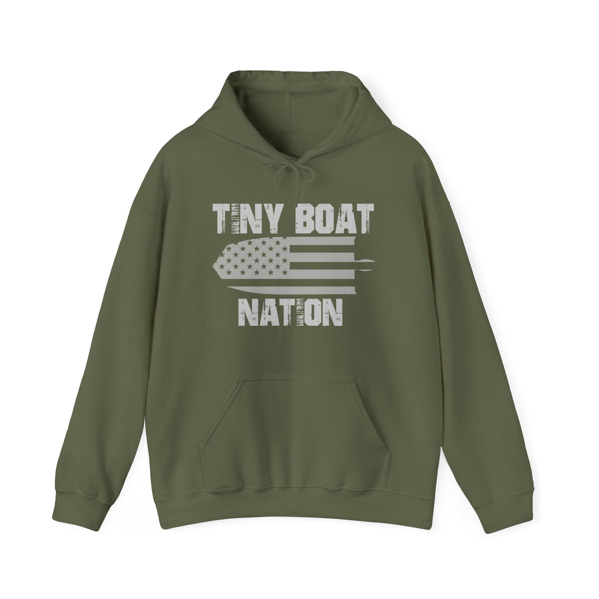 Green hoodie with 'Tiny Boat Nation' text and graphic on a white background