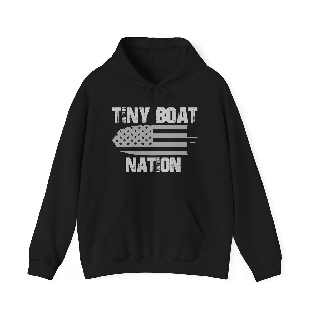 Black hoodie with 'Tiny Boat Nation' text and graphic on a white background