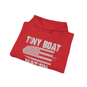 Red hoodie with 'Tiny Boat Nation' text and graphic on a white background