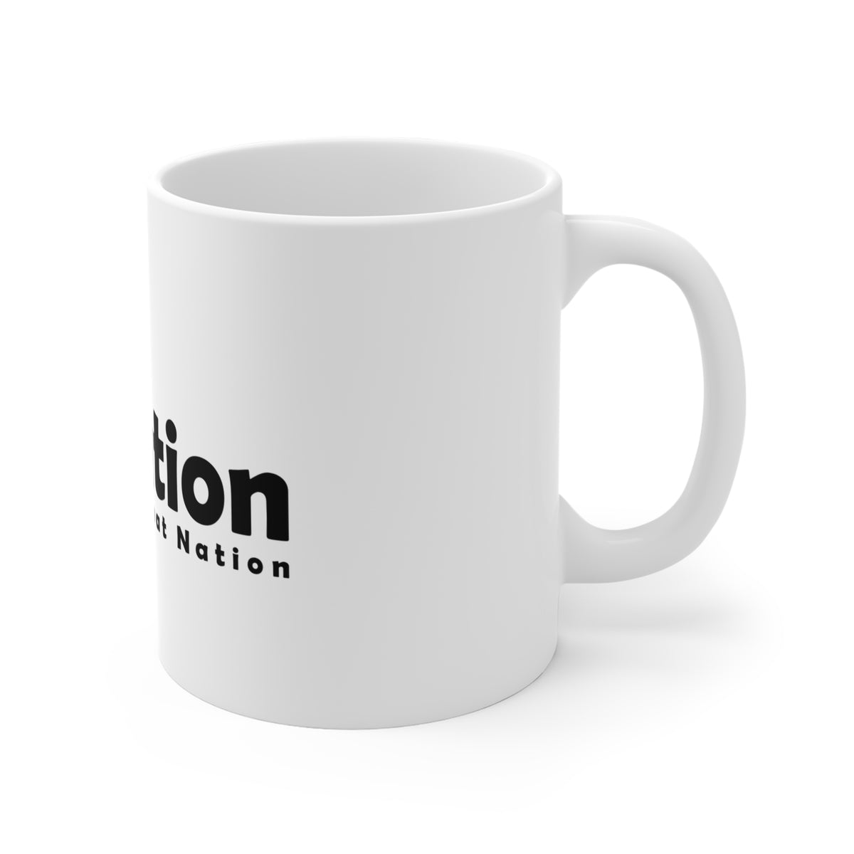 White mug with 'Nation' text on a white background