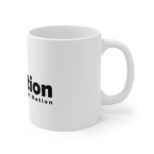 White mug with 'Nation' text on a white background