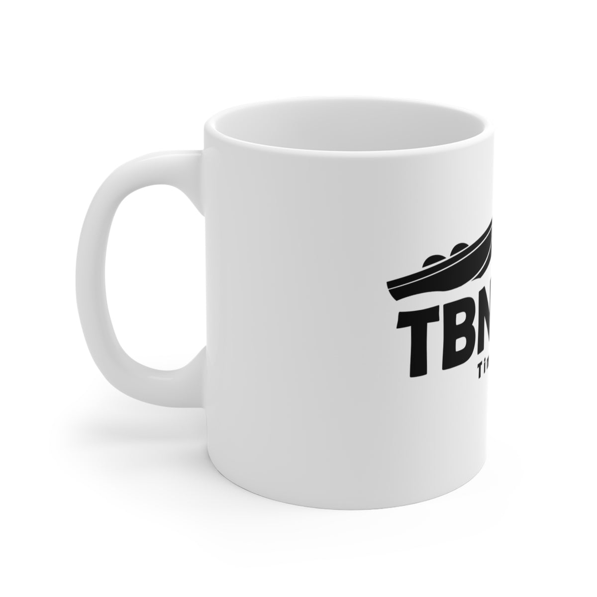 White mug with black text and logo on a white background