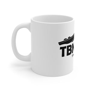 White mug with black text and logo on a white background