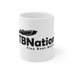 White mug with 'TBNation Tiny Boat Nation' text and logo on a white background