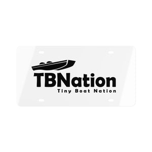White license plate with black 'TBNation Tiny Boat Nation' logo