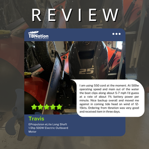 Product review of a electric outboard motor with a TNation logo and customer feedback.