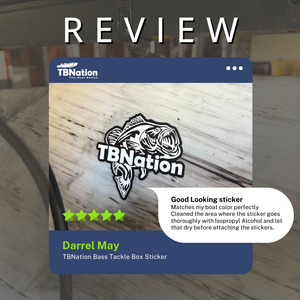 TBNation Bass Tackle Box Sticker review on a boat with text and rating.
