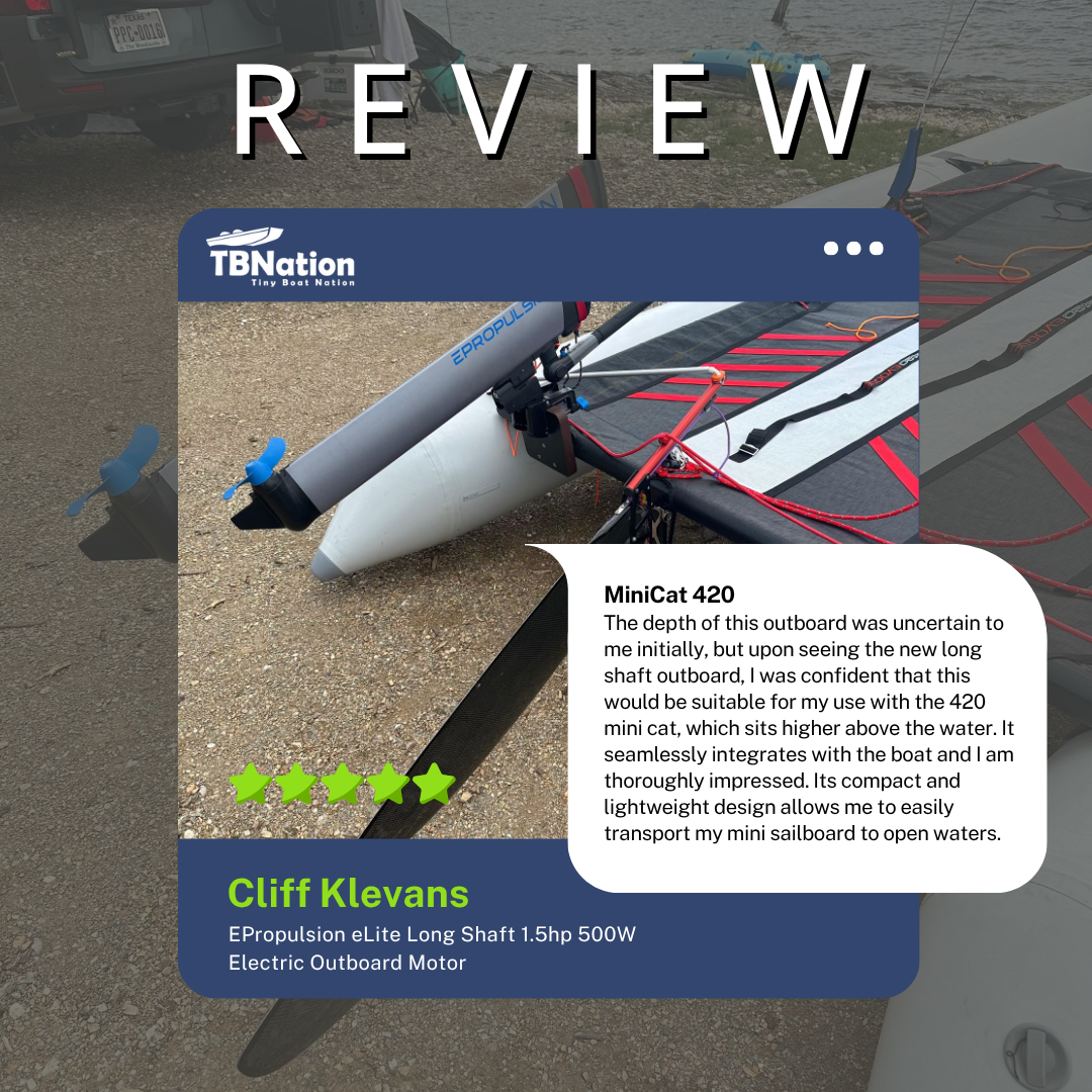 Product review of a miniCat 420 electric outboard motor with TBNation branding.