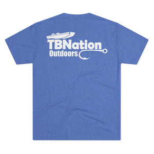 Blue t-shirt with 'TBNation Outdoors' logo on the back against a white background