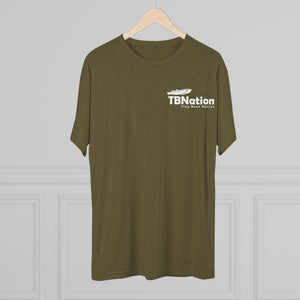 Green t-shirt with 'TBNation' logo on a hanger against a gray background
