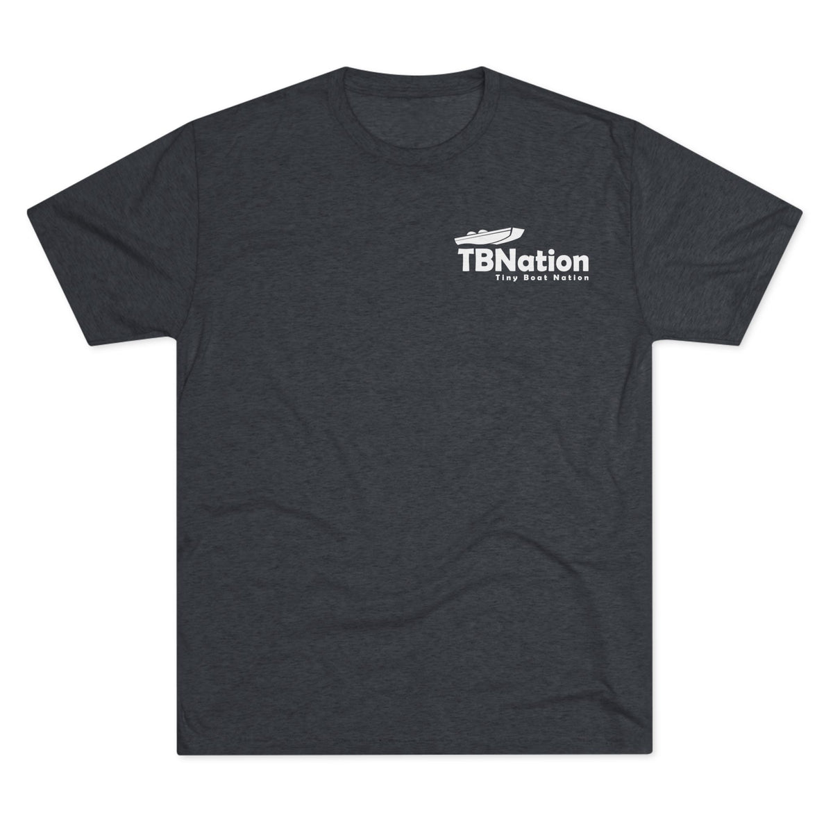 Dark gray t-shirt with a white logo on a white background