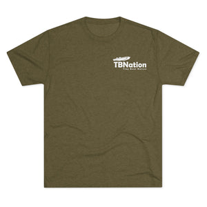 Green t-shirt with a white logo on a white background