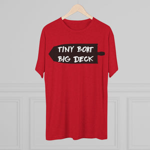 Red t-shirt with 'Tiny Boat Big Deck' text on a hanger against a gray background
