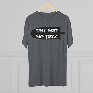 Gray t-shirt with 'Tiny Boat Big Deck' text on a hanger against a gray background
