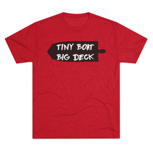 Red t-shirt with 'Tiny Boat Big Deck' text on a white background