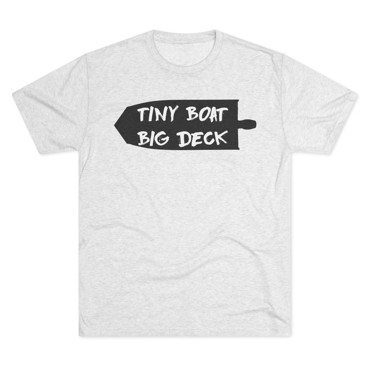 Gray t-shirt with 'Tiny Boat Big Deck' text design on a white background