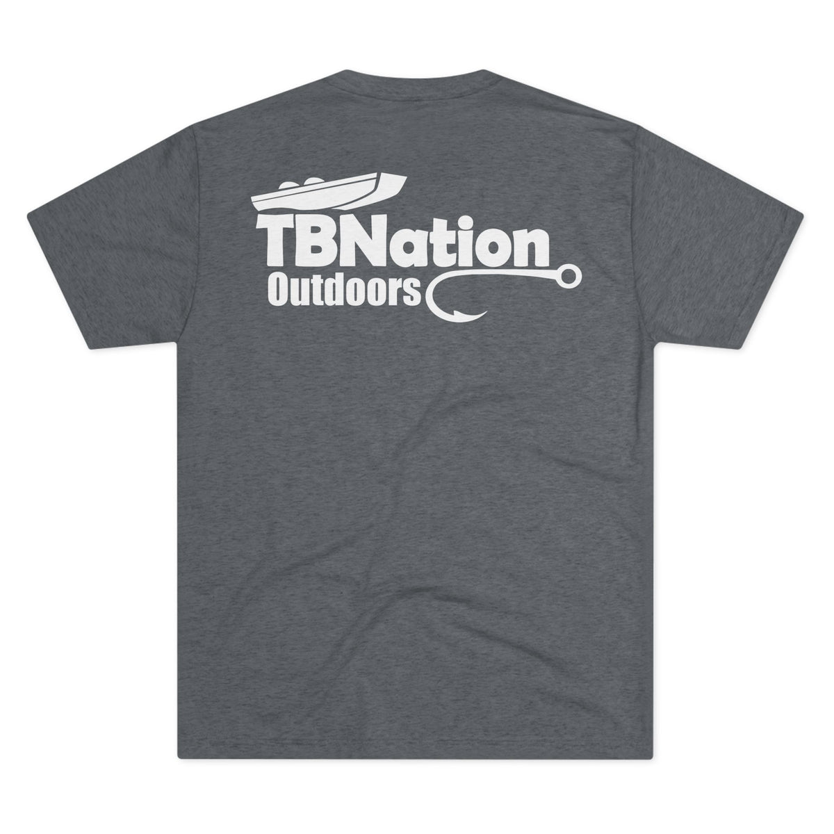 Gray t-shirt with 'TBNation Outdoors' logo on the back against a white background