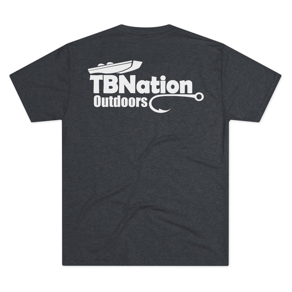 Dark gray t-shirt with 'TBNation Outdoors' logo on the back against a white background
