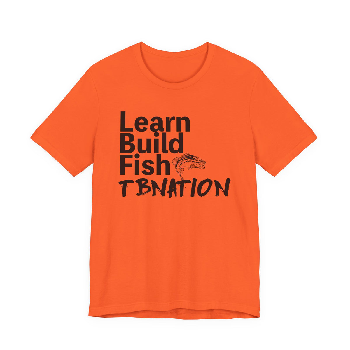 Orange t-shirt with black text and fish graphic on a white background