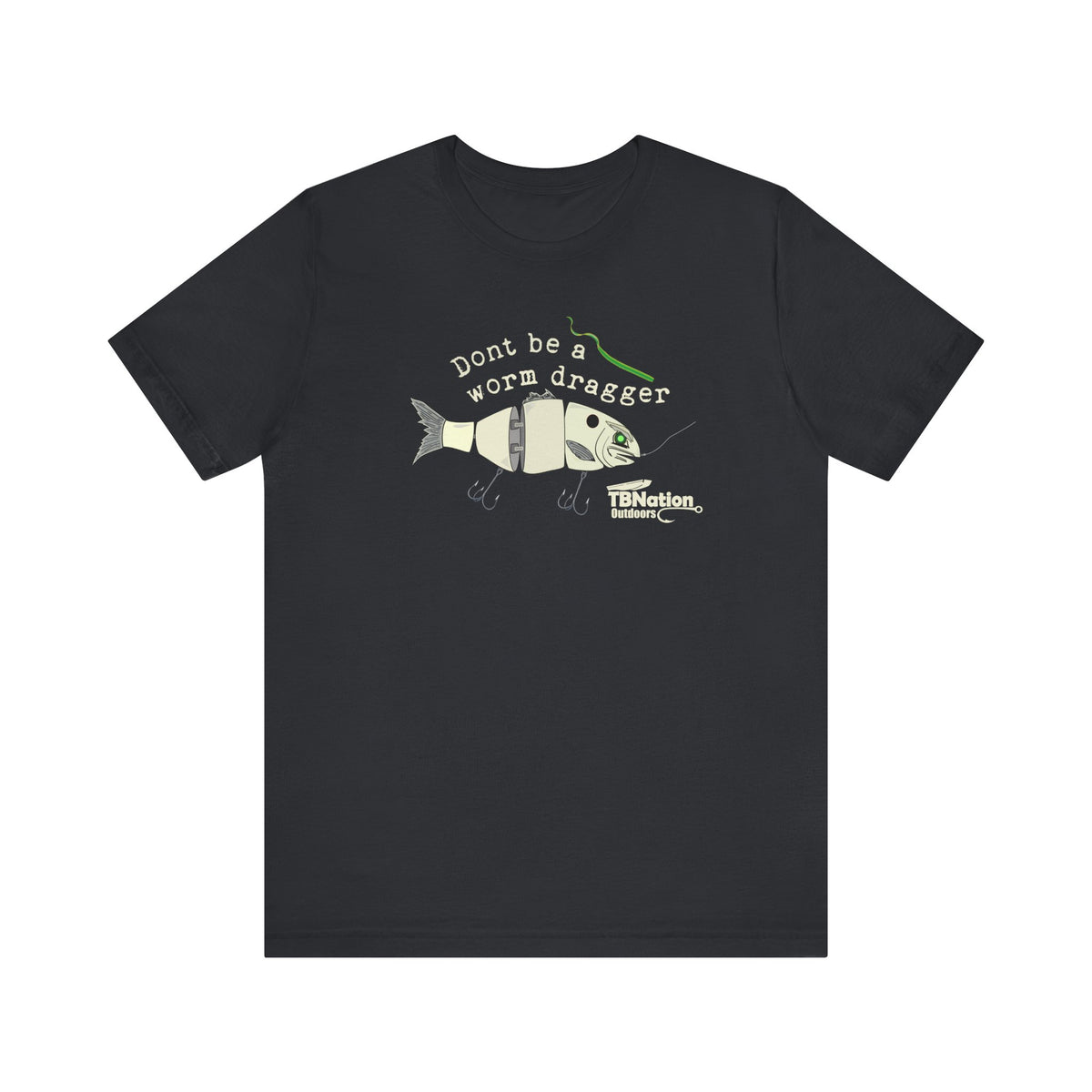Black t-shirt with fishing graphic and text on a white background