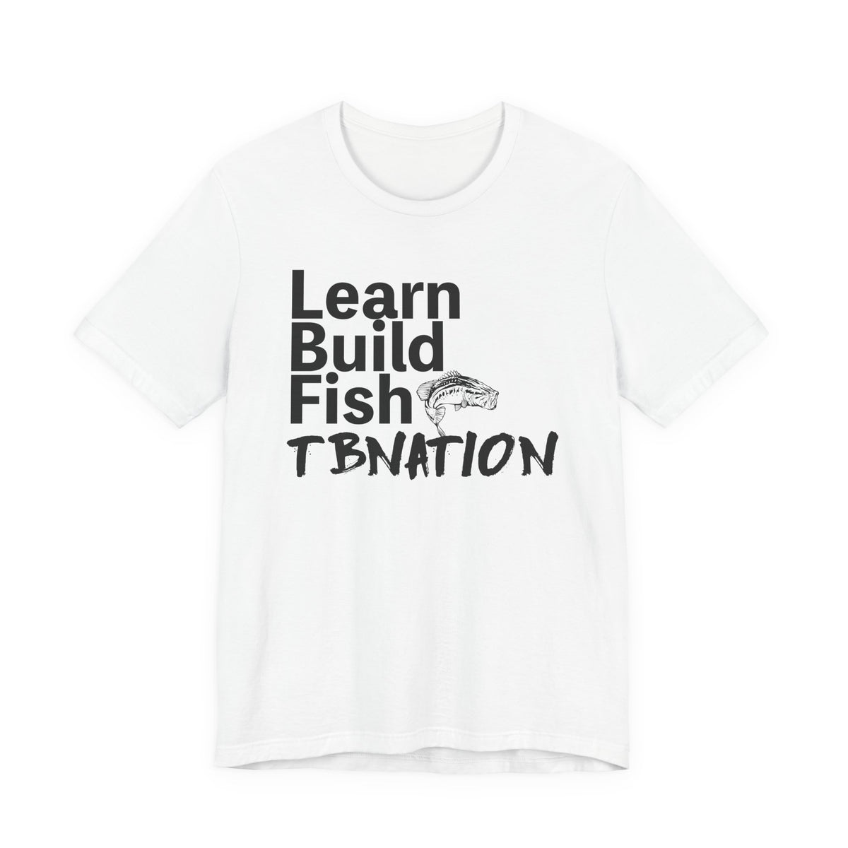 White t-shirt with black text and fish graphic on a white background