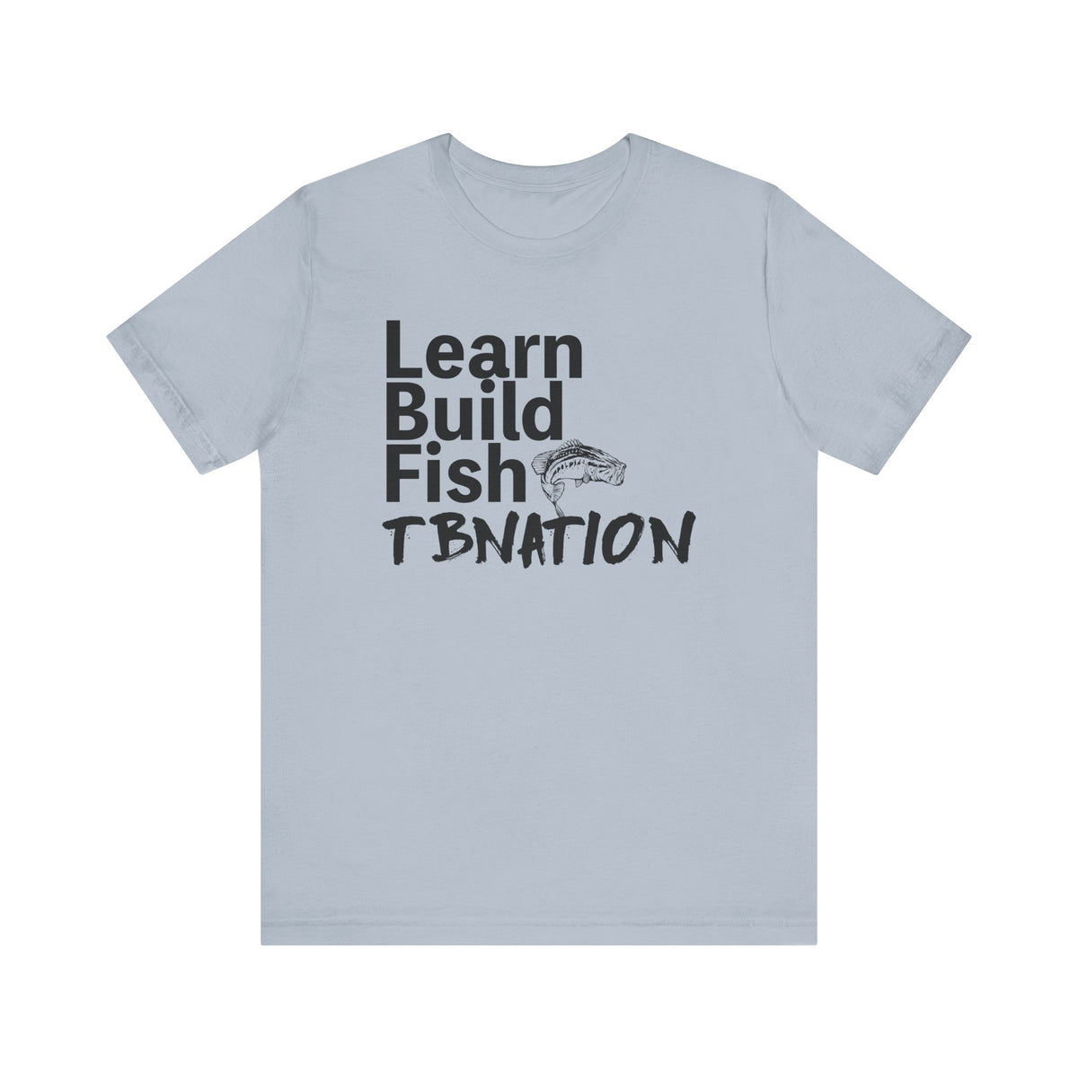 Light blue t-shirt with black text and fish graphic on a white background