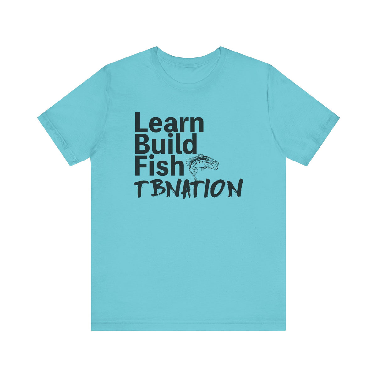 Light blue t-shirt with black text and fish graphic on a white background