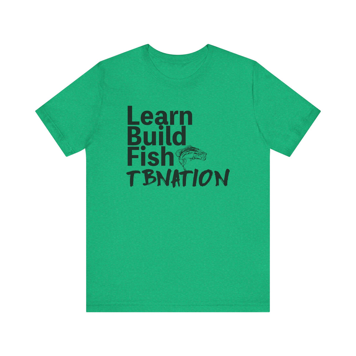 Green t-shirt with black text and logo on a white background