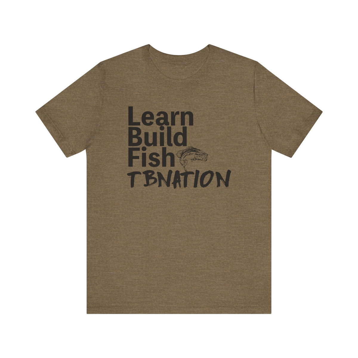 Brown t-shirt with text 'Learn Build Fish TBNATION' on a white background