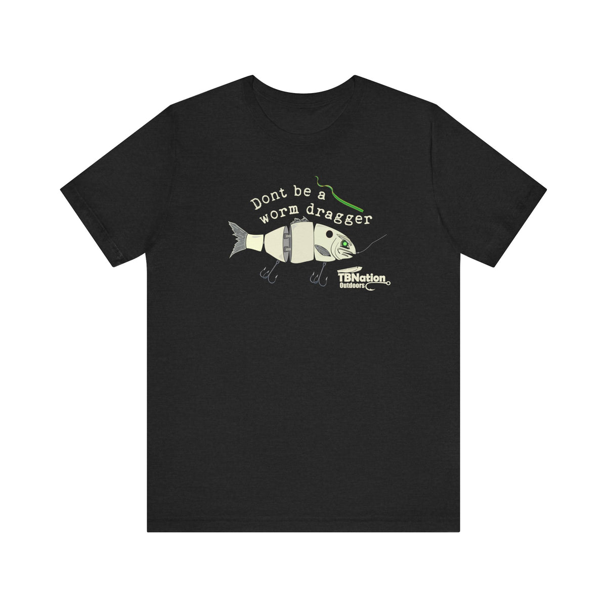 Black t-shirt with fishing graphic and text on a white background