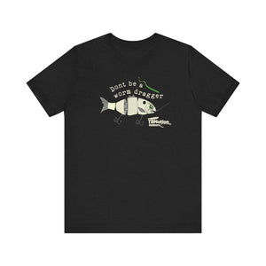 Black t-shirt with fishing graphic and text on a white background