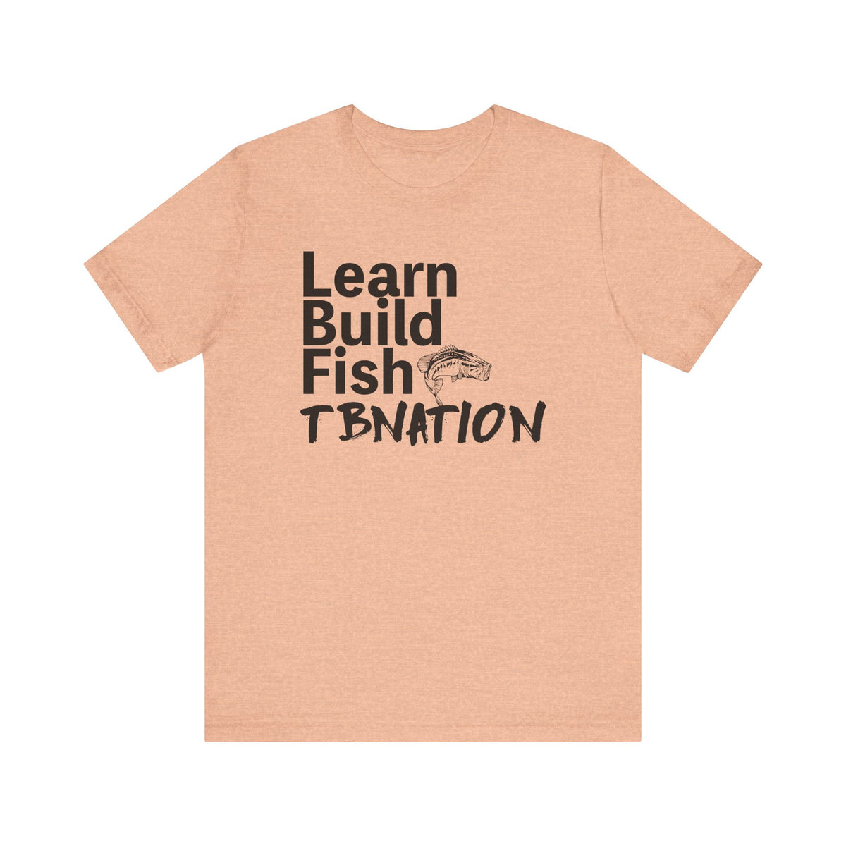 Beige t-shirt with text 'Learn Build Fish TBNATION' on a white background