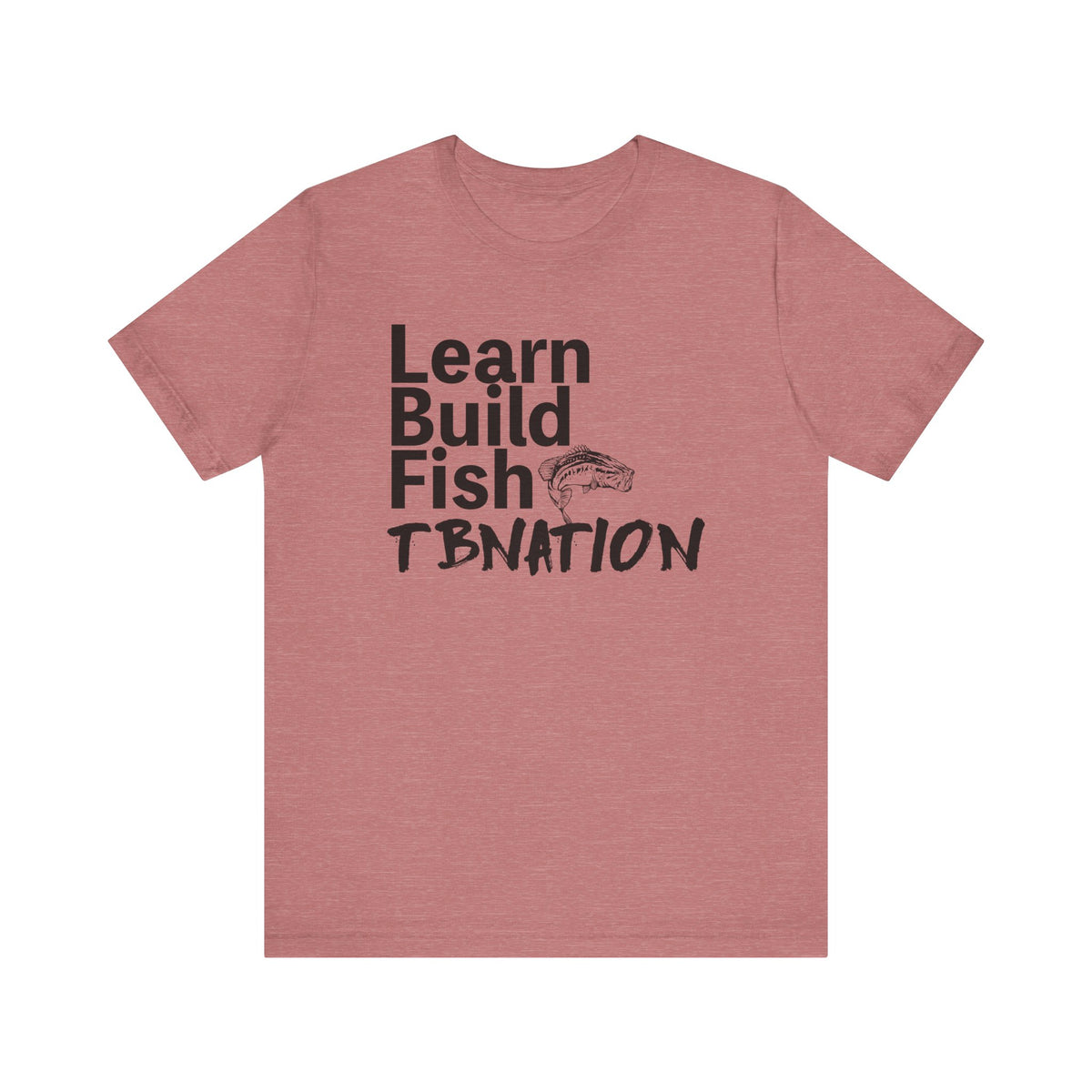 Red t-shirt with text 'Learn Build Fish TBNATION' on a white background
