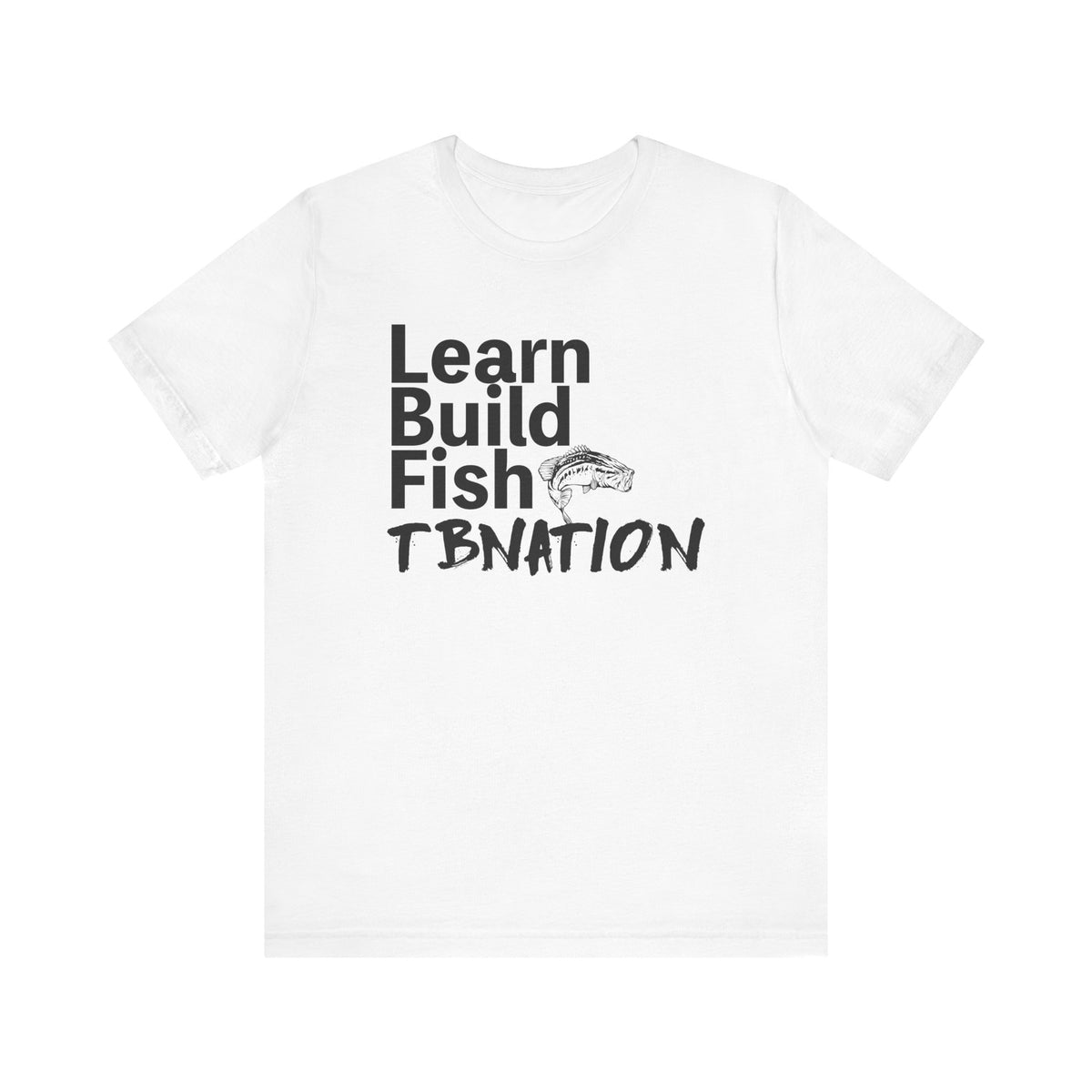 White t-shirt with black text and fish graphic on a white background