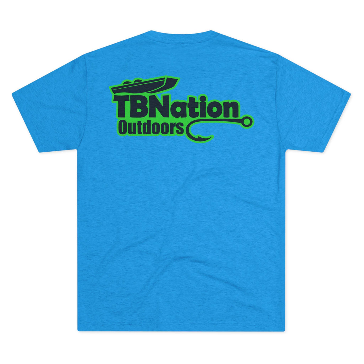 Blue t-shirt with green and black 'TBNation Outdoors' logo on a white background