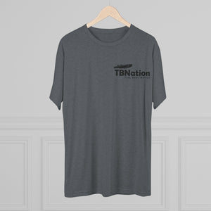 Gray t-shirt with 'TBNation' logo on a hanger against a gray background