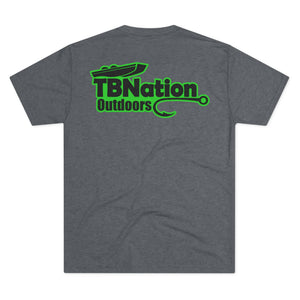 Gray t-shirt with green 'TBNation Outdoors' logo on the back against a white background