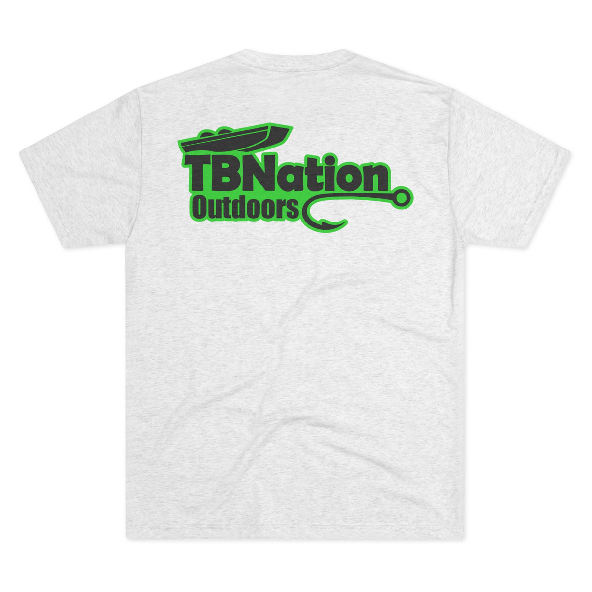 White t-shirt with green and black 'TBNation Outdoors' logo on the back against a white background