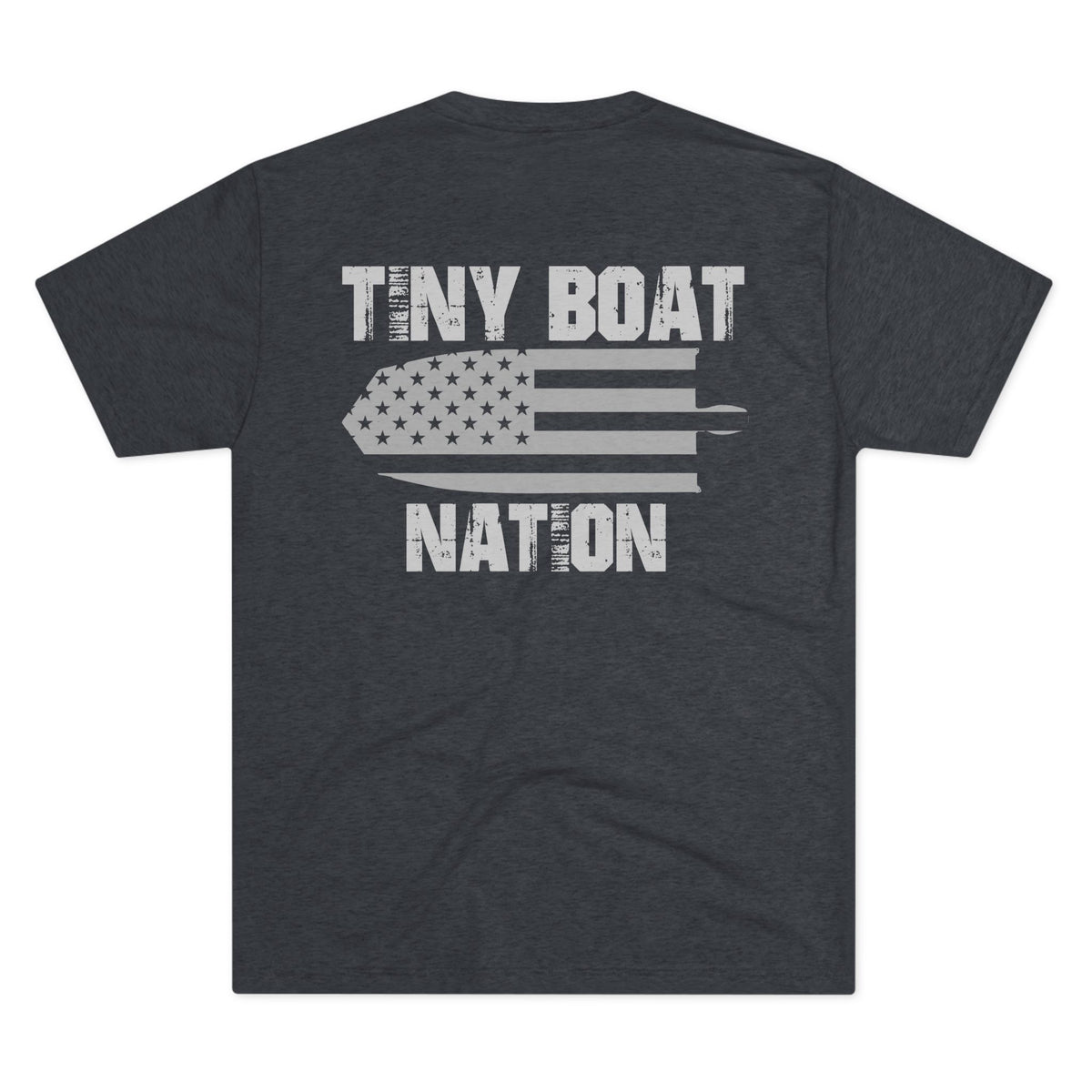 Dark gray t-shirt with 'Tiny Boat Nation' graphic on the back